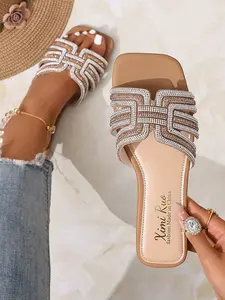 Women's Light Sequined Cross-Band Flat Sandals, Comfortable PU Leather Summer Beach Party Footwear for Casual Outings, Rhinestone Embellished Sandal