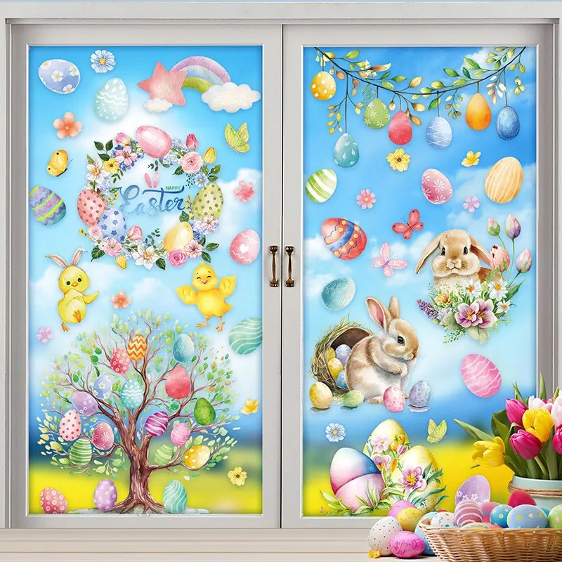 81 Retro Easter Window Stickers with Bunny and Egg Designs, Double Sided Printed Decor for Family and School Easter Parties