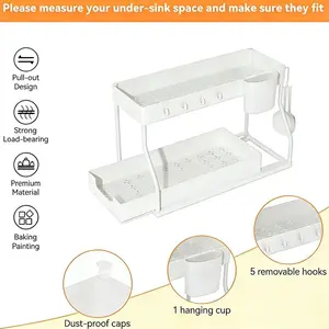 Space-saving 2-tier pull-out storage organizer - durable, large-capacity kitchen and bathroom essentials drawer