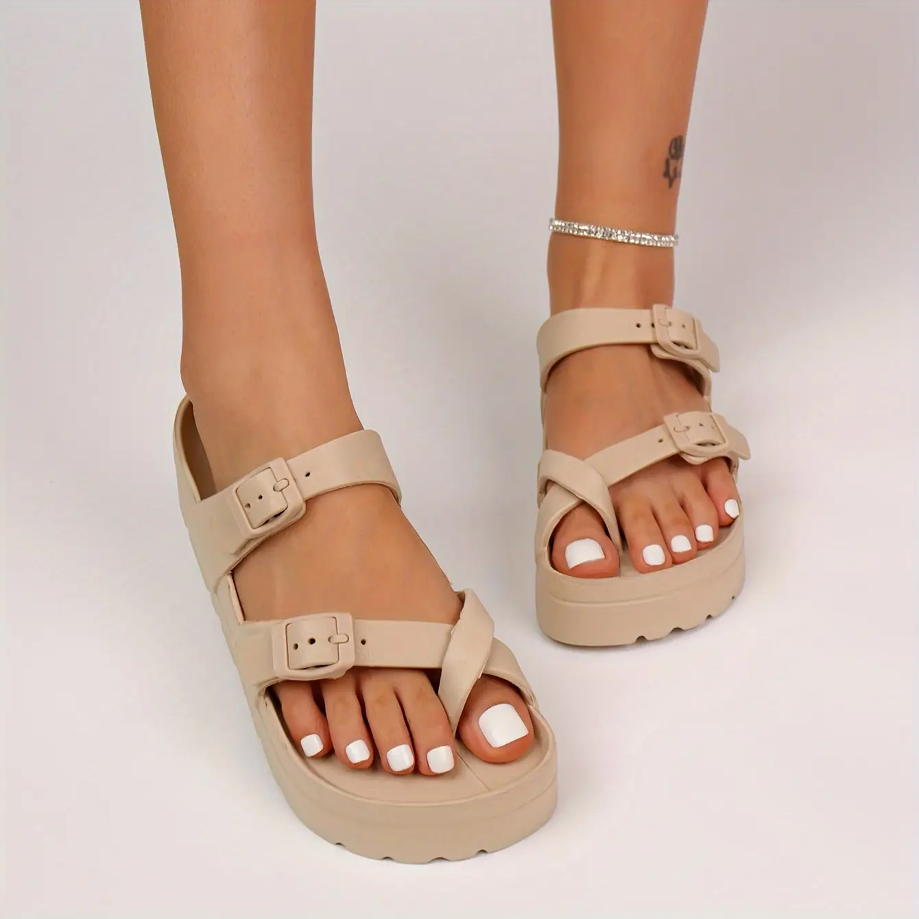 Women's elegant sandals Fashionable Plain Color Slip on Sandals Open Toe Sandals for Summer, Lightweight Breathable Thick Daily Wear Perfect for Women