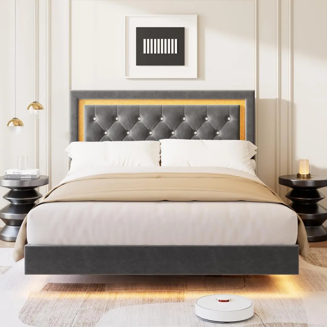 Garvee Full Size Floating Bed Frame with Smart LED Lights, Upholstered Platform Bed with Diamond Tufted Headboard, Solid Wood Slats Support, No Box Spring Needed, Noise-Free, Easy Assembly, Grey