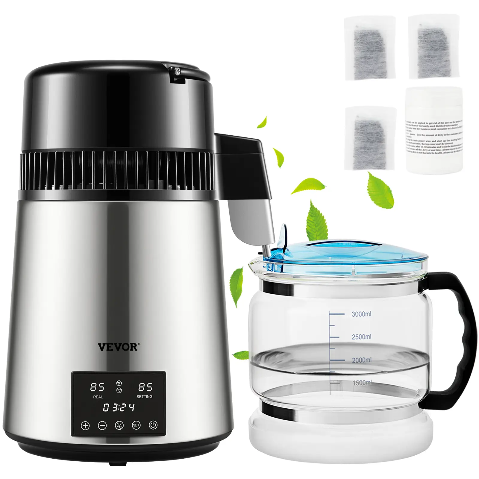 【summerfinds】VEVOR 1.1Gal Water Distiller, 0.3Gal/H, 750W Distilled Water Maker Machine 0-99H Timing Dual Temp Display, 304 Stainless Steel Countertop Distiller Glass Carafe Cleaning Powder 3 Carbon Packs, Silver, Water Purifier