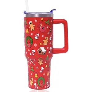 40 oz Stainless Steel Insulated Gingerbread Themed Christmas Tumbler Flask - Reusable Drink Bottle with Handle, Straw, Leak-Proof Lid, Portable Coffee Mug, Christmas Gift for Women, Flasks