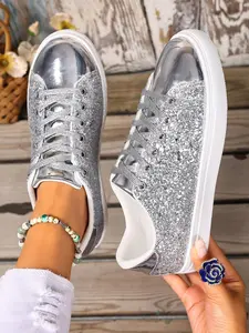Women's Silver Sequin Thick Sole Casual Shoes, Sparkling Party Style, All-Season Versatile Height Increase Shoes, Easy Match for