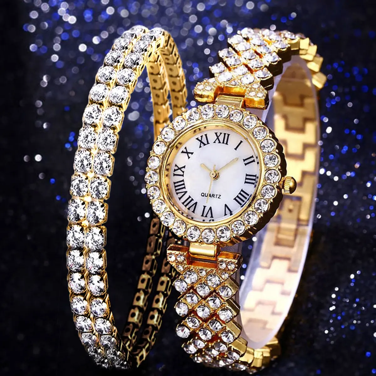 Women's Luxury Fashion Diamond-Accented 2-Piece Quartz Watch Set - Silver or Rose Gold Double-Layer Bracelet Accessory (Quartz Movement), Diamond Accents, Female, Gold Watch Bracelet, Rose Gold Watch Bracelet