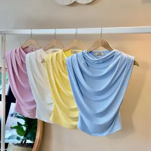 Mildred Italian Top Dropped Sleeveless Blouse Cowl Neck One Size Fits All from Small to Large available in white and soft pink color