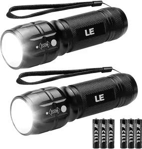 Lighting EVER 2-Pack Super Bright Handheld LED Flashlight (LE1000) - Compact Aluminum Pocket-Size Lightweight Torch, Ideal for Camping, Cycling, 6 AAA Batteries Included, Energy Class A++, Super Bright Flashlight