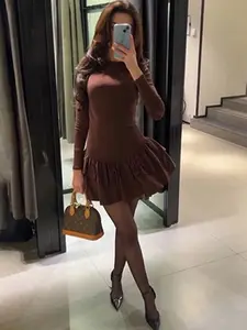 Autumn Winter Women's Knitted Ruffle Long Sleeve Dress, Womenswear, Soft Skin-Friendly Fabric, Slimming One-Shoulder Chic Design Style, Perfect for Dates & Daily Wear Casual