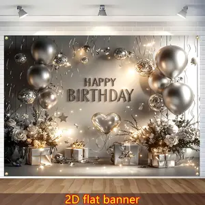 Silver White Balloon Birthday Backdrop Tapestry Wall Hanging Photography Background Elegant Celebration Banner for 16th 18th 21st Birthday Party Home Decor Polyester Fabric