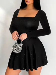 Elegant Sparkling Rhinestone Square Neck Dress, Evening Gown, Shiny Sequins Design, Slimming Fit, High Waist, High Neck, Formal Occasions, Formal Wear, Womenswear, Fitted