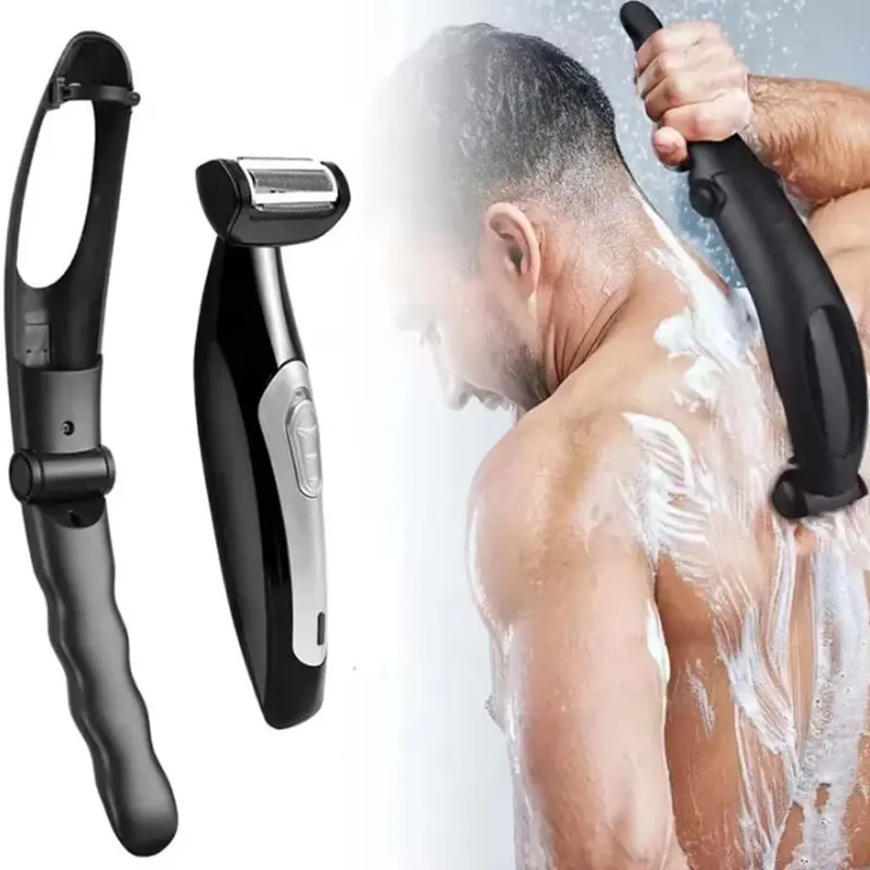 Waterproof Men's Back Shaver USB Rechargeable Body Hair Trimmer Foldable Extendable Electric Razor, Portable Grooming Tool, Showerproof Body Trimmer