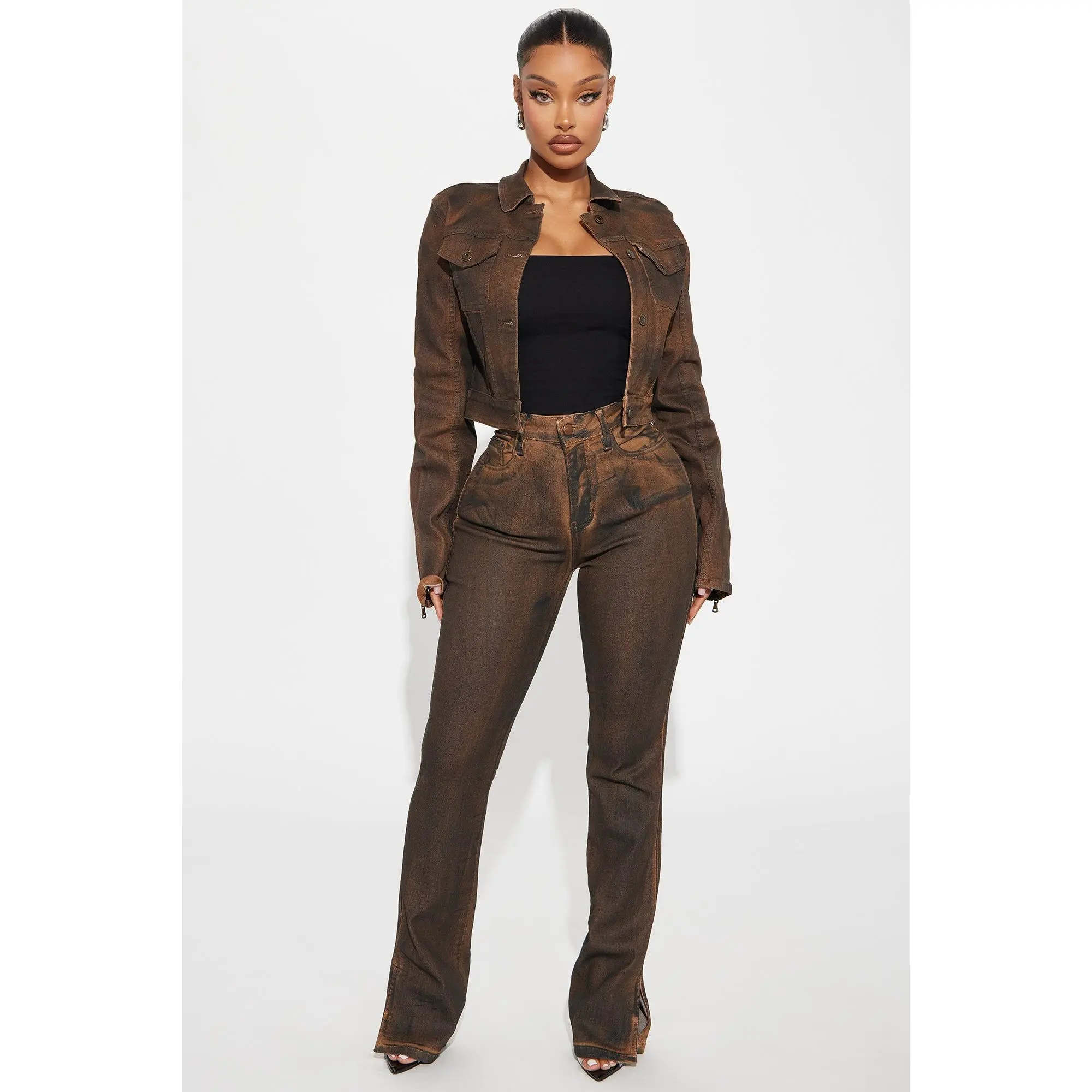 Bronzed Babe Coated Bootcut Jeans - Brown