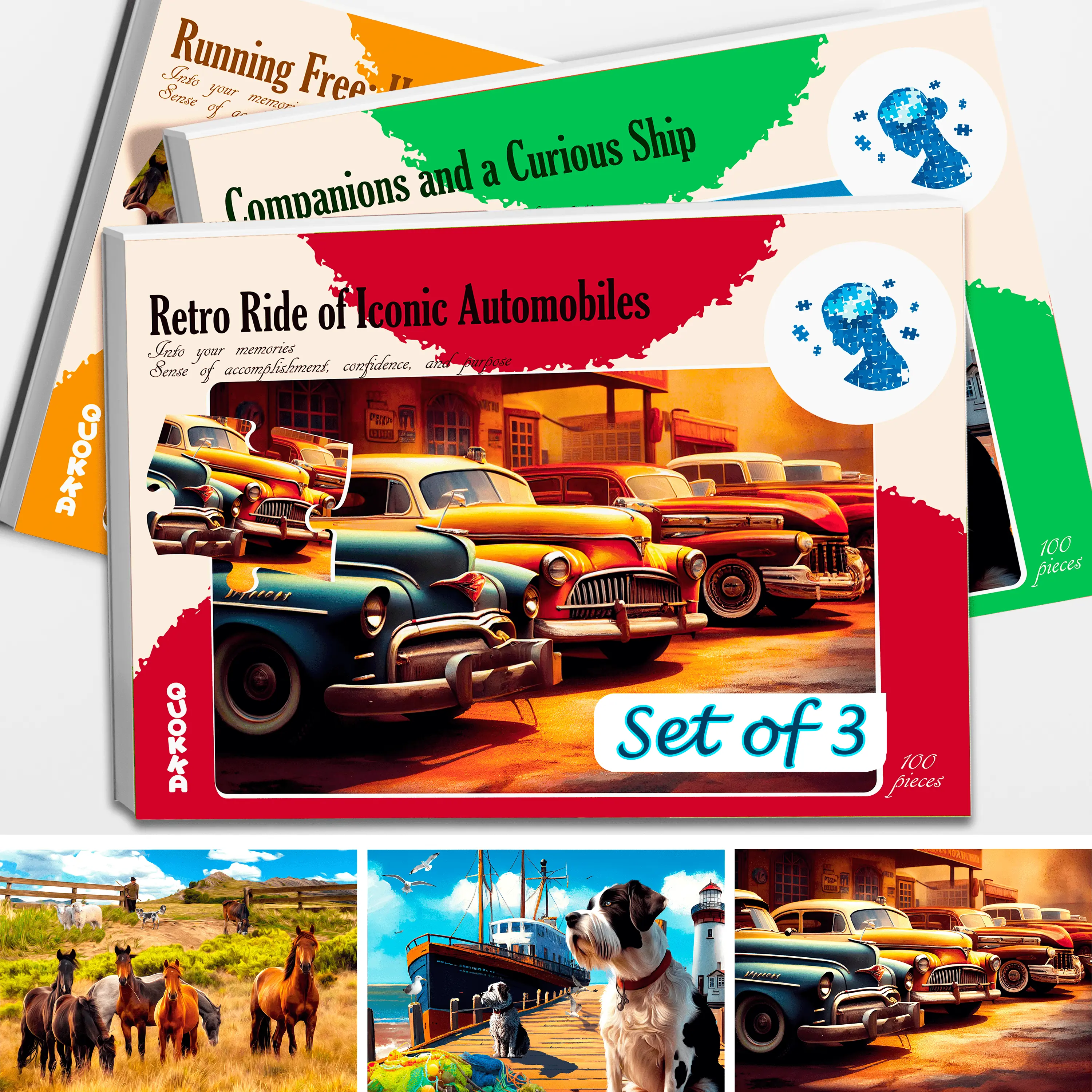 QUOKKA Dementia-Friendly 100-Piece Large-Piece Jigsaw Puzzles for Seniors - 3-Set with Animal, Car Scenes (Horses, Dogs), Pieces Jigsaw Puzzles