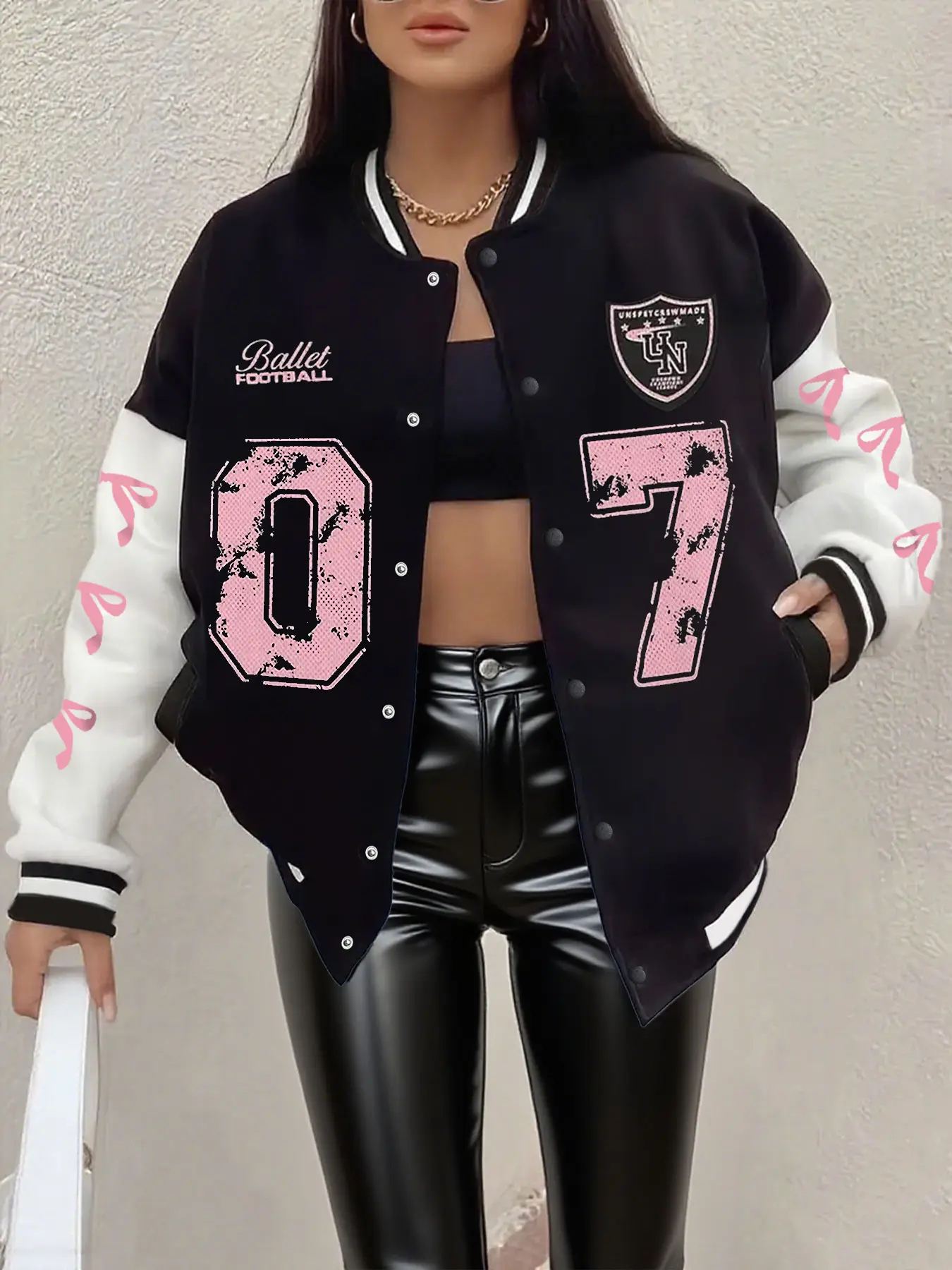Women's Fashion Letter Print Casual Fit Soft Knitted Baseball Jacket Coats, Womenswear, Patchwork Design with Button Details, Long Sleeve, Perfect for Fall & Spring