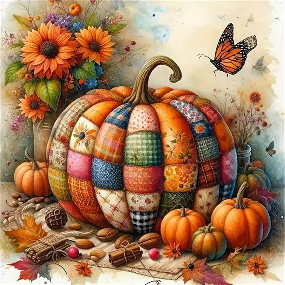 Patchwork pumpkin with sunflowers wall art, Multiple sizes available including round diamonds, This 5D DIY diamond painting set diamond art embroidery kit handmade furniture decor holiday birthday art personalized gift, Crafts
