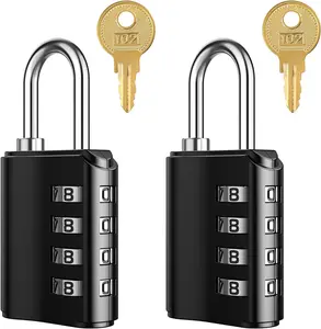 Combination Padlock with Key, Combination Lock, 4 Digit Gym Locker Lock with 2 Keys,, for Fence, Case, Toolbox, 2 Pack, Black
