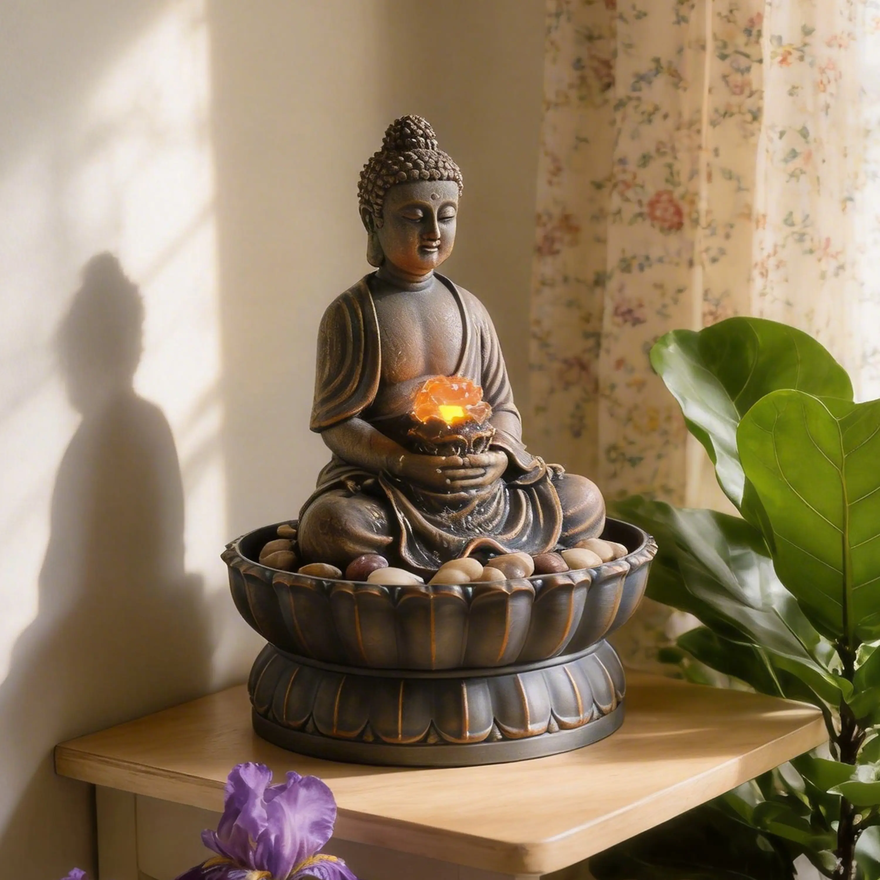 9.6in Lightweight Exquisite Sitting Smile Buddha Tabletop Fountain, Spiritual Decor with Reflective Warm Light, Matching Cobblestones, Zen Stress-Relieving Flowing Water, Stylish Resin Decor for Bedroom, Housewarming Gift, Religious