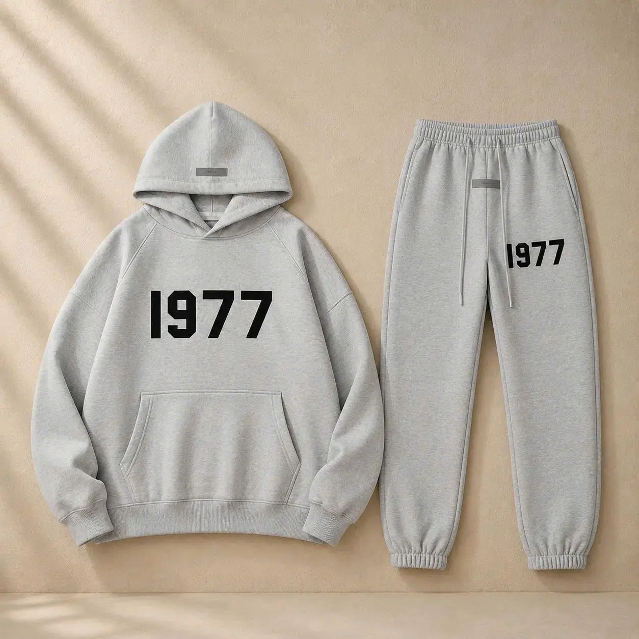 1977 Sport Grey Hoodie & Jogger Pants Set, Unisex Oversized Streetwear Tracksuit, Pullover Sweatshirt and Sweatpants 2 Piece Outfit, Casual Lounge Set for Men Women