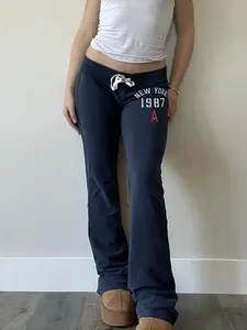 American Vintage Slim-Fit Letter Print Womenswear Pants, Casual Streetwear Drawstring Waist Flared Pants, Fall & Winter Long Pants for Street Style