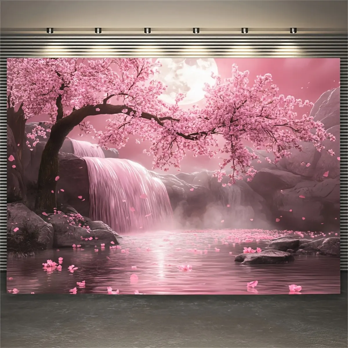 Cherry Blossom Background Cloth with Sakura Tree, Waterfall, Maple Leaves, Realistic Floating Petals, Large Wall Hanging Decor, Home Bedroom Decor, Wall Tapestry, Durable Decorative Tapestry, Flower Pattern Tapestry