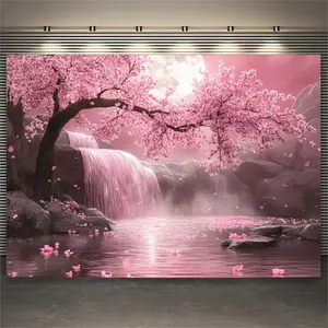 Cherry Blossom Background Cloth with Sakura Tree, Waterfall, Maple Leaves, Realistic Floating Petals, Large Wall Hanging Decor, Home Bedroom Decor, Wall Tapestry, Durable Decorative Tapestry, Flower Pattern Tapestry