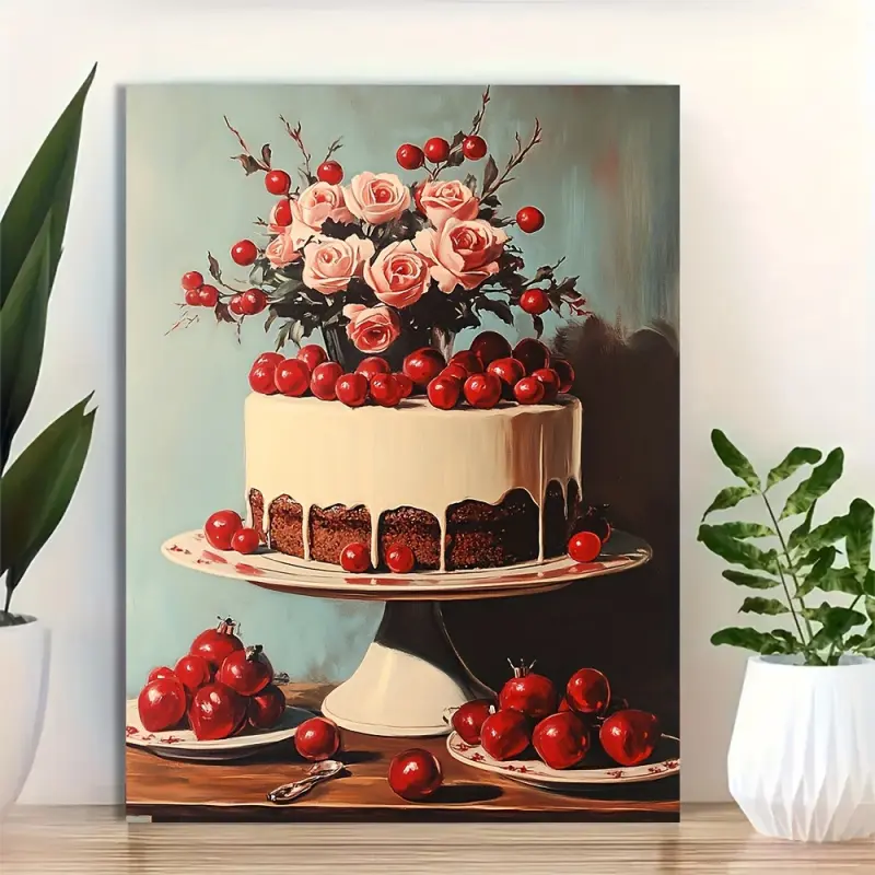 1 Piece 30.48x 40.64cm Vintage Valentine's Day Art Print - Red Berries and Pink Roses Cake Design Vintage Holiday Wall Decoration, Festive Kitchen Decor, Ready-to-Hang Home Gift, Romantic Aesthetics, 2D Flat, Perfect for Room Decoration