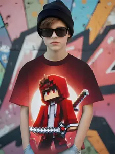 Summer Minecraft Pixel Samurai Dual Sword Print Kids Short Sleeve T-Shirt, Casual Fitted Design, Random Pattern, No Ca Prop 65