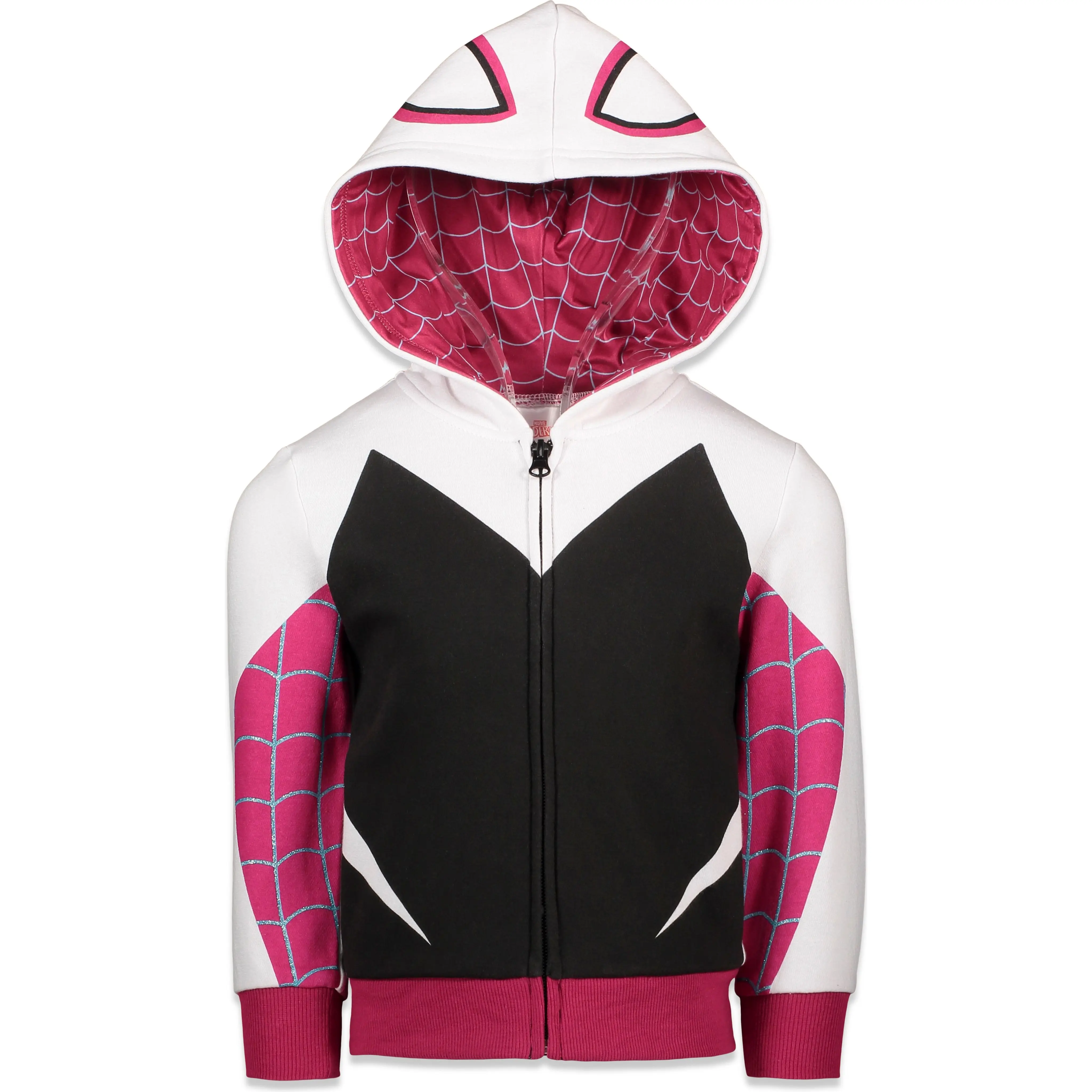Girls' Marvel Ghost-Spider Web Print Cosplay Hoodie - Soft Fleece Zip-Up Jacket with Hooded Neck, Embroidered Mask Hood (Toddler Sizes Available)