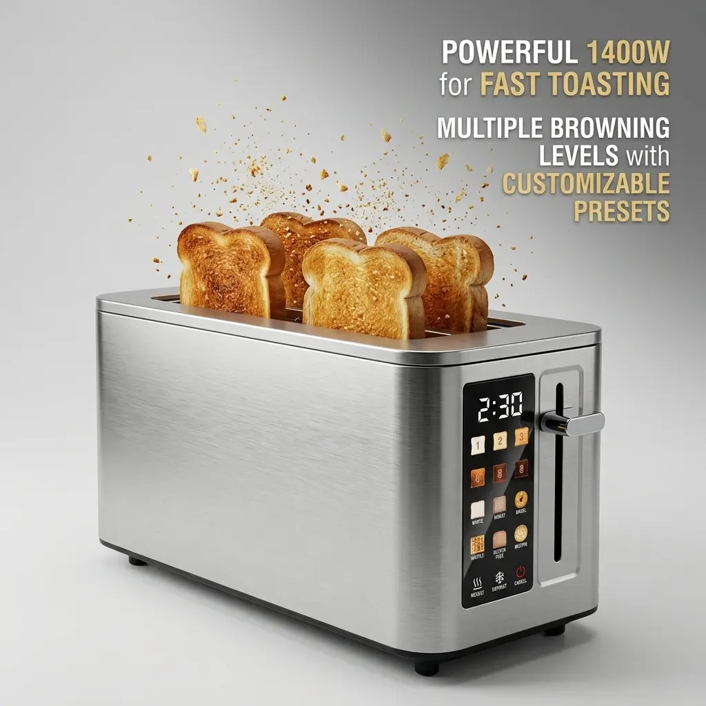 4 Slice Digital Touchscreen Toaster, 1400W High Power, 6 Bread Types & 6 Shade Settings, Wide Slots for Even Toasting, Easy-Clean Removable Crumb Tray, Bagel/Reheat/Defrost Functions, Compact 304 Stainless Steel Design, 1400W
