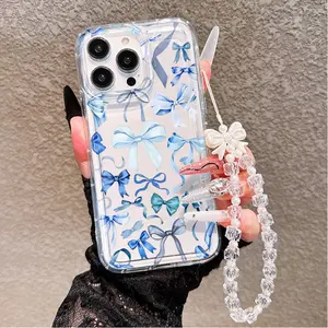 1pc Assorted Blue Bow UV Printed Phone Case, paired with a bow bead wrist strap, suitable for iPhone 17-11 Pro Pro Max Plus, a trendy gift for all occasions, Accessories