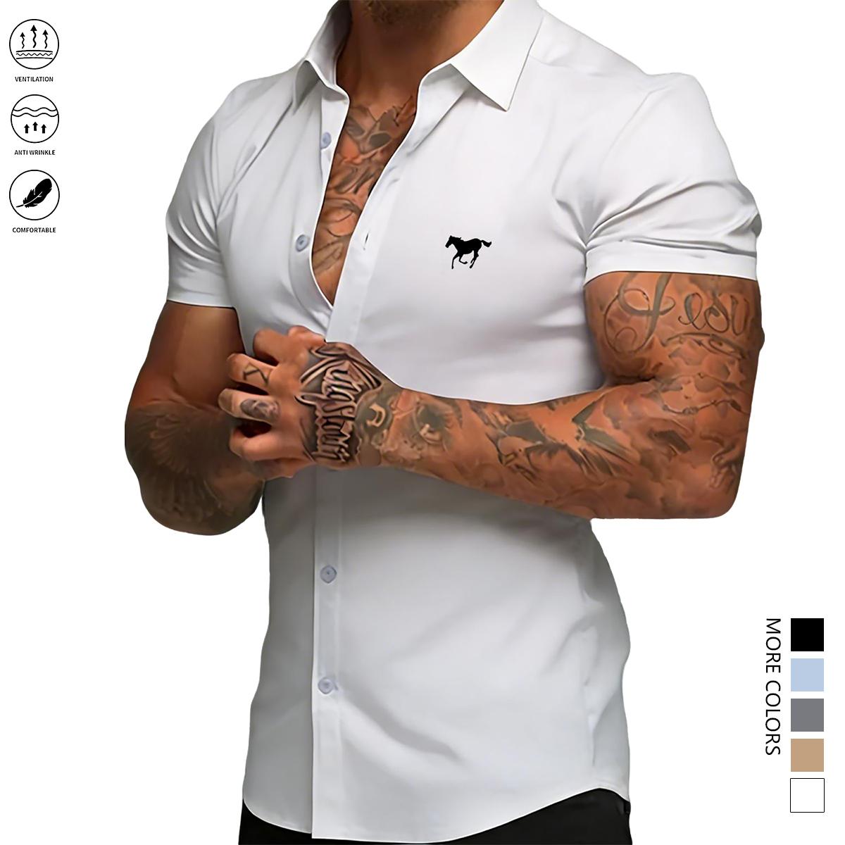 Men's slim-fit short-sleeved shirt - Lightweight summer shirt with single-button flap design, simple style, suitable for business casual and daily outings | Durable, easy to care for, classic collar, office attire, modern style, easy-care material,summerv