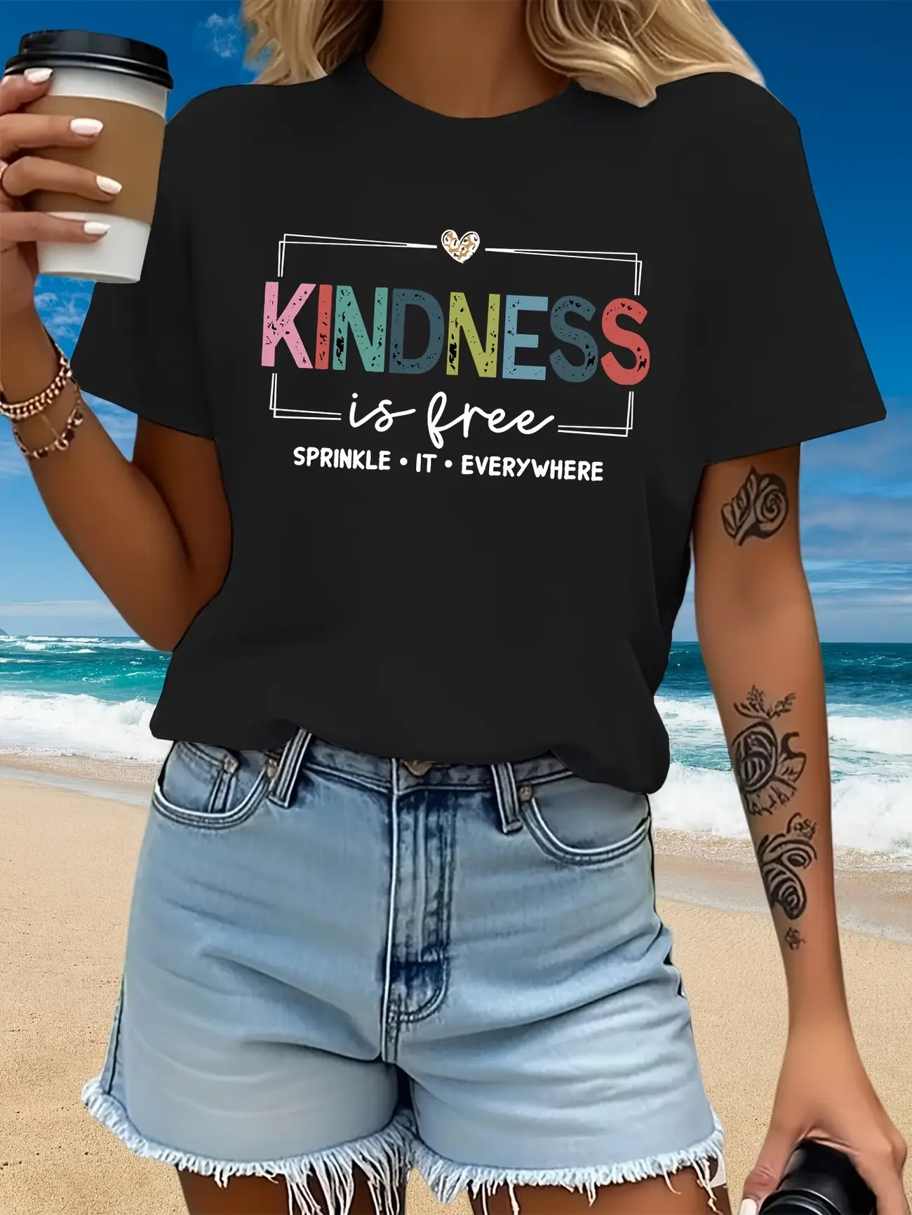 Kindness Is Free Sprinkle It Everywhere Graphic T-Shirt, Multicolor Distressed Letter Positive Quote Short Sleeve, Inspirational Kindness Slogan Casual Tee, Mental Health Aesthetic Women Cotton Top