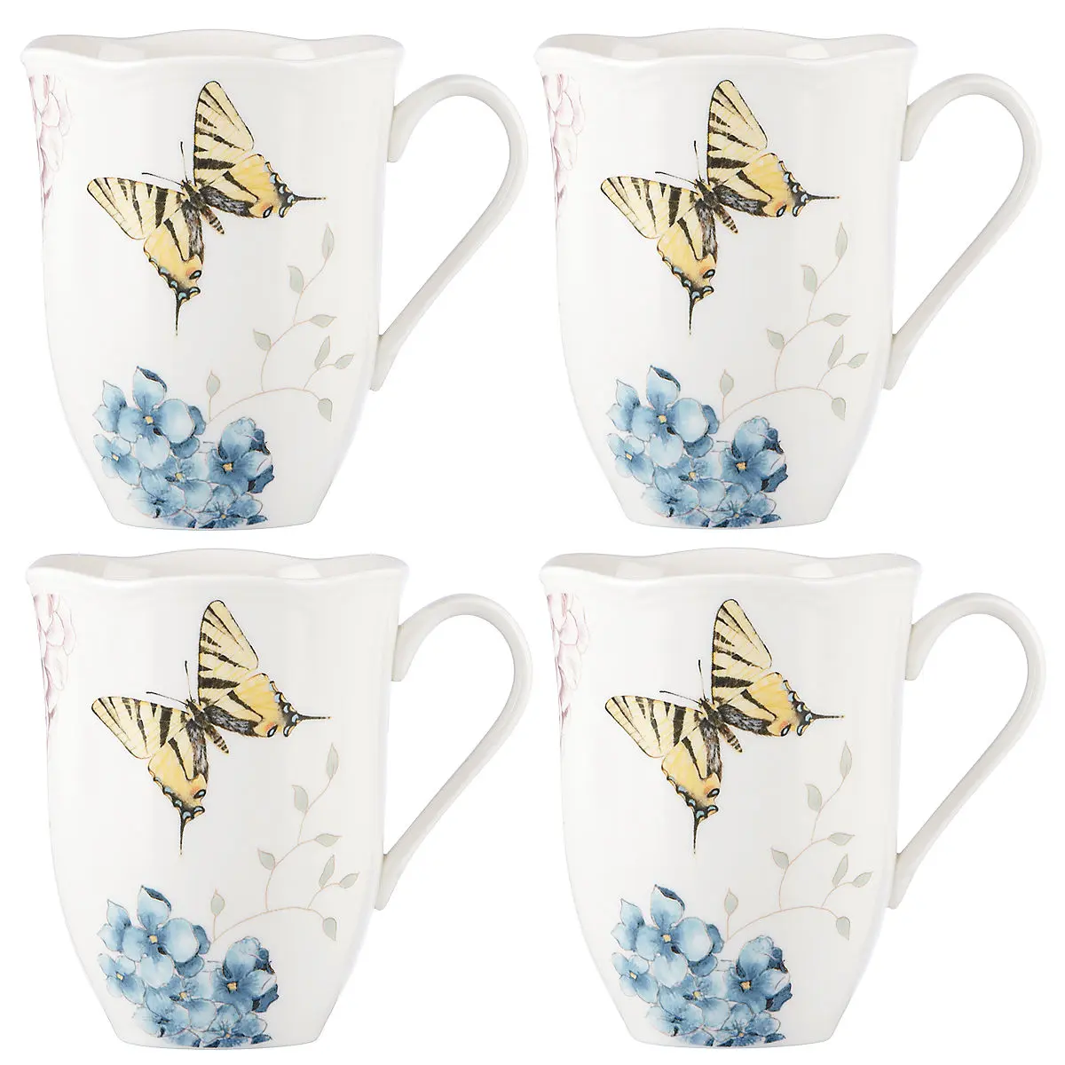 Lenox 869578 Floral Butterfly Meadow 4-Piece Mug Set - 12oz, 4.37in, Elegant Hydrangea Blossoms, Dishwasher & Microwave Safe, Coffee Bar Decor Giftware Drinkware, Four Mugs
