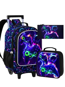 3pcs  Rolling Backpack Set for Boys, Flame Lightning Game Controller Kids Wheeled Backpack with Lunch Box and Pencil Pouch, Cool School Bag for Young Gamers