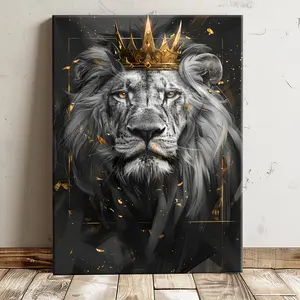 Regal Lion Canvas Art Print with Golden Crown – Modern Abstract Wall Decor, Wooden Frame, Ideal for Living Room, Bedroom, Office Corridor, Lion Wall Decor