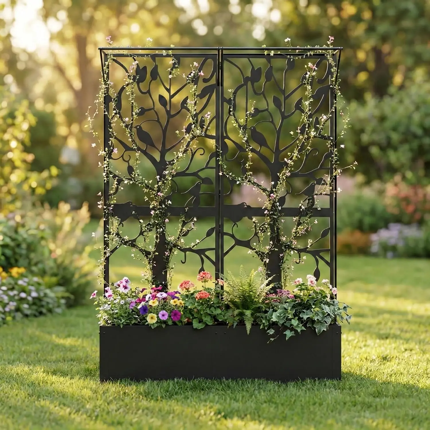 Black Metal Planter Box with Trellis - Rustic Traditional Gardening Raised Bed, Outdoor Privacy Screen with Built-In Drainage Holes, Assembly Guide Included, 62.4x12.2x44.6in (for Climbing Plants, Patio)