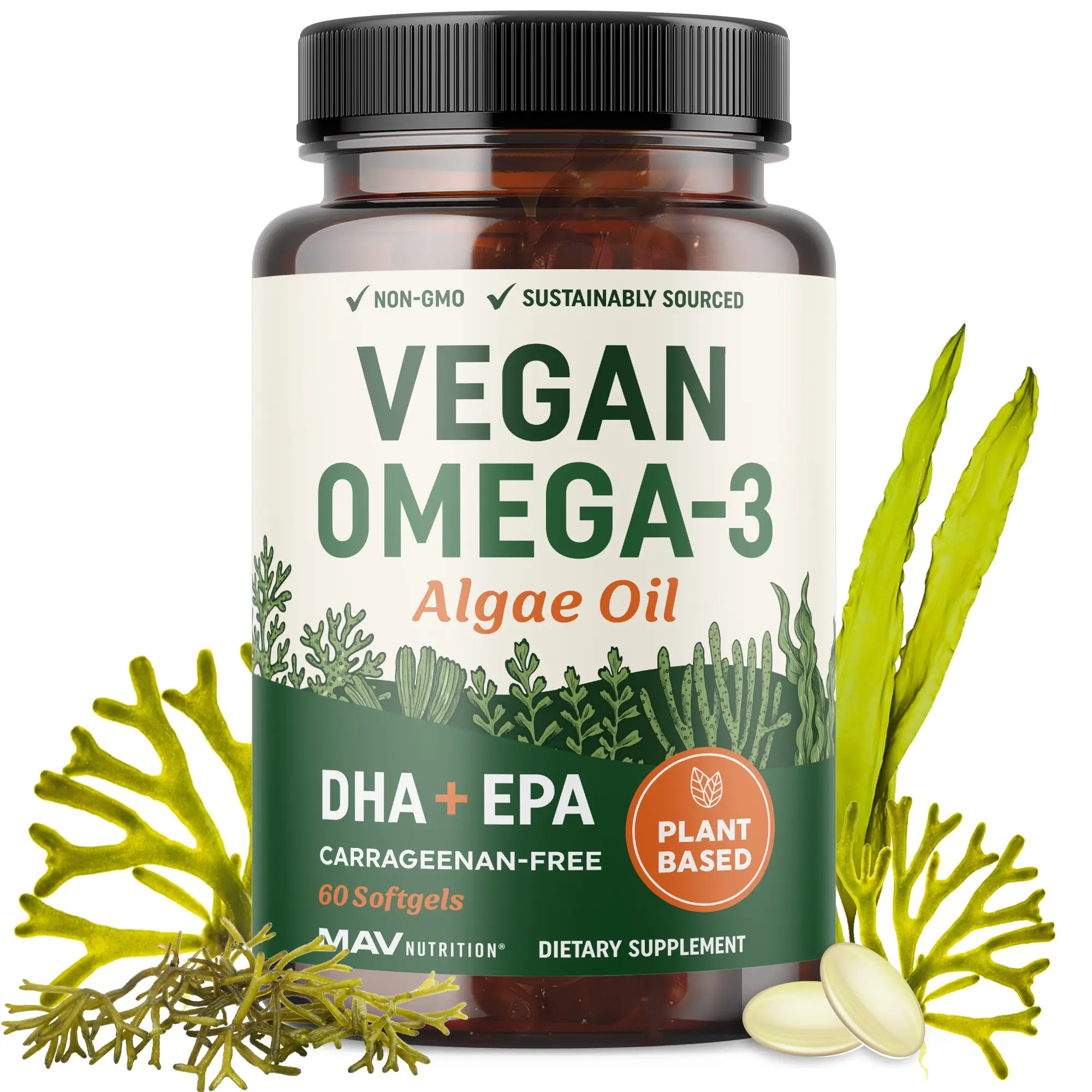 MAV Nutrition Vegan Omega 3 Algae Oil Plant Based DHA EPA 550mg Essential Fatty Acids 60 Softgels Non GMO Carrageenan Free