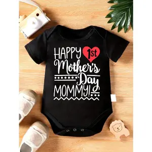 Cute Baby Bodysuit With Happy 1st Mothers Day Mommy Print Soft Versatile Round Neck Button Detail Regular Fit All Seasons Knitted Fabric Onesie