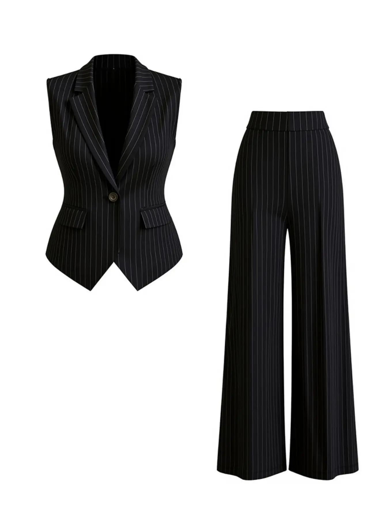 ZEEJINNG Women's 2-Piece Minimalist Chic Formal Business Suit Set - Fit Stretch Poly (Polyester-Elastane) Fabric, Striped Print, V-Neck Sleeveless Vest, Buttoned Tailored Black Pinstripe Blazer, High-Waisted Wide-Leg Pocket Trousers, Elegant