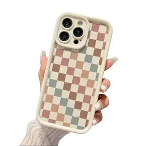 Beige iPhone Cover Vintage Multicolored Checkered Pattern Handcrafted Fits Models 11-17Pro Max Plus for iPhone Models 17 16 15 Pro Max 14 Plus 13 12 11 XS XR X 7 8 SE Carbon Fibre