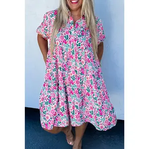 Pink Plus Size Floral Half Button Puff Sleeve A Line Dress