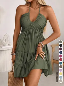 Women's Summer Daily French Retro Vacation Mediterranean Lazy Style Backless Tie Layered Cake Hem Cami Halter Dress Home Outdoor City Regular Trendy Casual Elegant Youthful Simple Versatile Texture Temperament Artistic