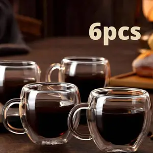 Clear Espresso Cups Set of 6, 2.8oz Insulated Double Wall Heat Resistant Drinkware, Perfect for Home Gatherings, Durable Coffee Mugs with Handles, Coffee Glass Cup