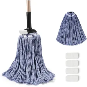 Mop, Non-, 2 Reusable Cotton Heads, 4 Scouring Pads, Industrial Wet & Dry Mops for Home &,, & Office, Blue
