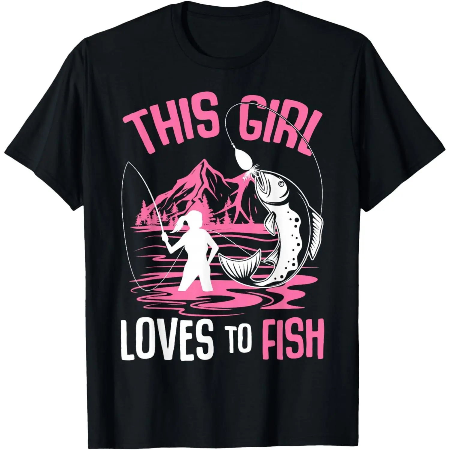Women's Fishing Tshirt with "This Girl Loves To Fish" Slogan, Streetwear Fashion Regular Fit Design in a Soft Breathable Fabric, Casual Wear, Short Sleeves, Moisture Absorb, Graphic Print, Round Neck, Funny, Shortsleeve, Tops, Comfortable, Cotton, Soft Co
