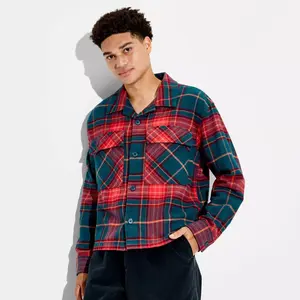 Men's Checked Cropped Flannel Camp Shirt - Original Use Red XXL