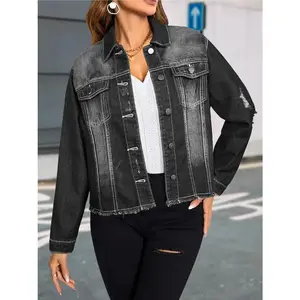 Oversized - Women's Oversized Black Denim Jacket - Oversized distressed streetwear jacket with button front closure, non stretchy denim construction and sturdy collar - Stimulating casual jacket suitable for daily and formal wear, essential for spring/aut