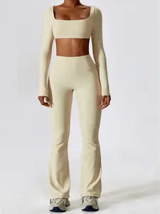 Women's Solid Square Neck Crop Top & High Waist Flare Leg Pants Set, Sporty Comfy Breathable Long Sleeve Top & Bell Bottom Trousers Two/Four-piece Outfits for Yoga Workout, Ladies' Clothes for All Seasons, Gym Wear, Sweatsuit Set