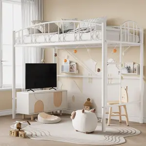 GARVEE Loft Bed Twin Size, Heavy Duty Metal Loft Bed Frame with Arched Guardrail and Safety Ladder, Space-Saving, No Box Spring Needed, White