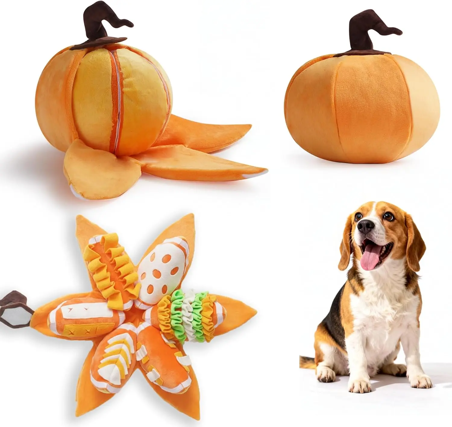 Nocciola 7-in-1 Pumpkin Dog Enrichment Toy - 6 Slices to Hunt, Velcro-Closure Rind, Squeak + Crinkle, Soft Plush for Gentle Chewers, Treat Pockets, Interactive Play Boosts Enrichment #backtoschool #sohochic #halloween